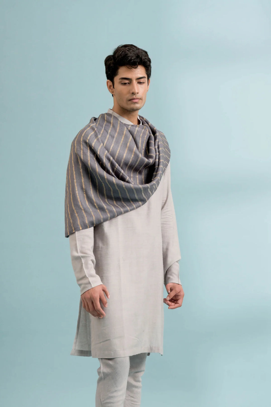Soft Cashmere Stole in Gray with Zaree Strips - Stylish and Luxurious | Ray Handwoven Soft Cashmere Stole - Gray