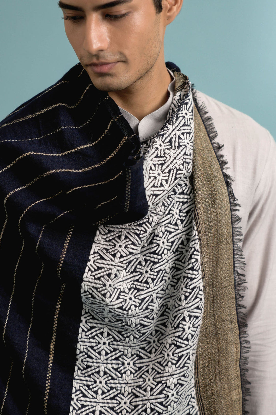 Blue Cashmere Stole with Abstract African Design | Kirk Soft Cashmere Stole - Blue