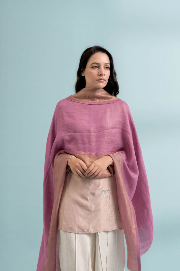 Coral/Pink Cashmere Stole - Handwoven with Zaree Strips | Ariel Soft Cashmere Stole - Pink