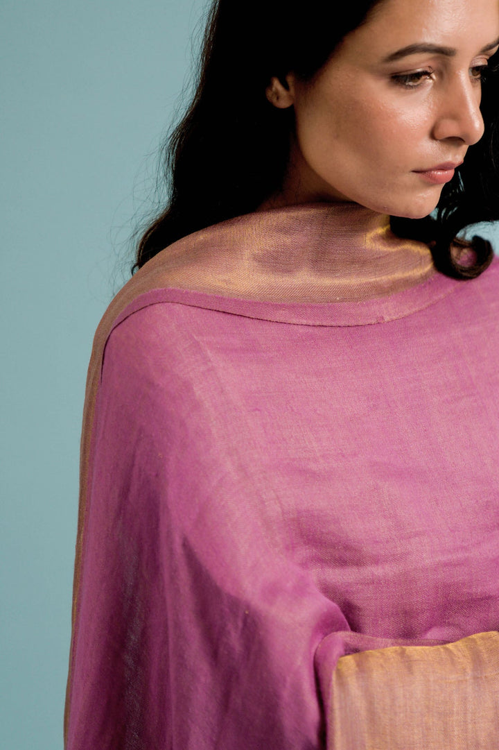 Coral/Pink Cashmere Stole - Handwoven with Zaree Strips | Ariel Soft Cashmere Stole - Pink