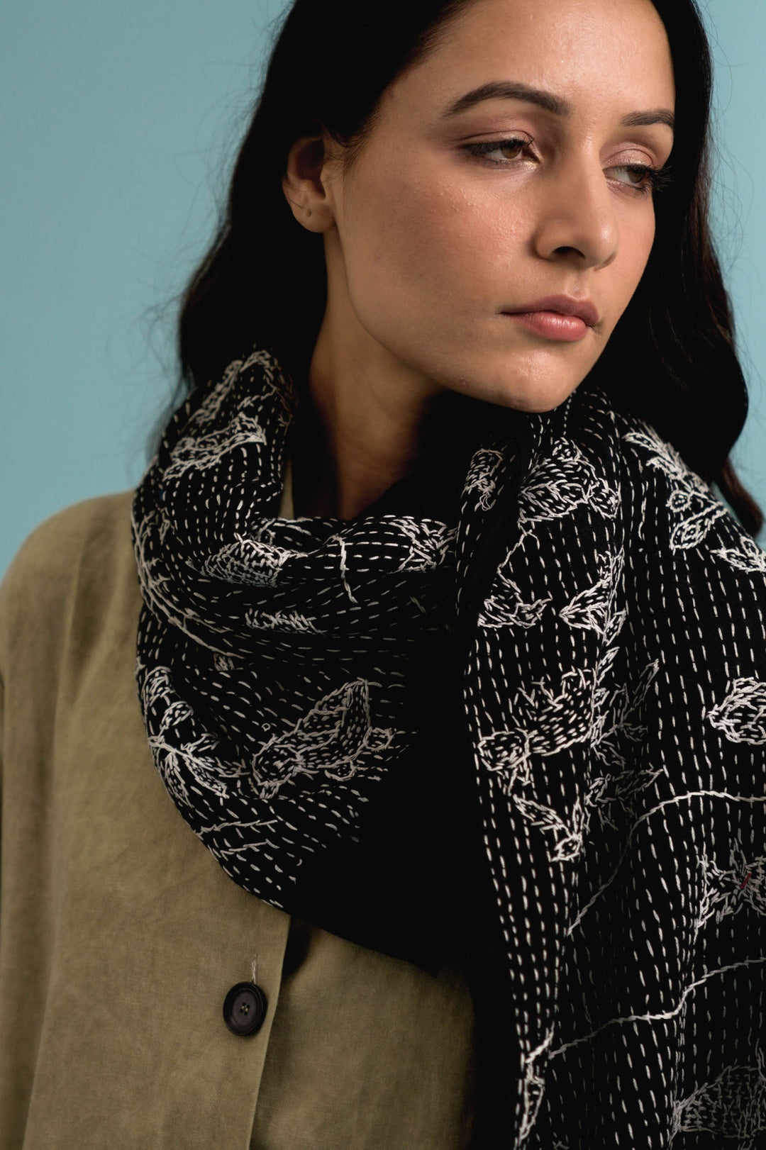 Animal Embroidered Cashmere Stole - Winter Accessory | Kara Soft Cashmere Stole - Black