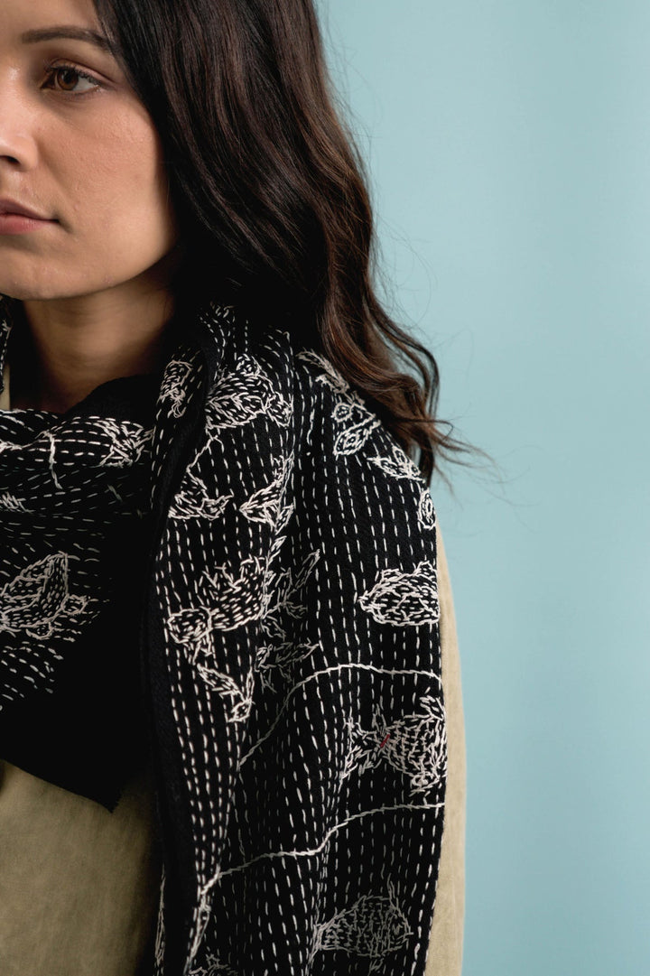 Animal Embroidered Cashmere Stole - Winter Accessory | Kara Soft Cashmere Stole - Black