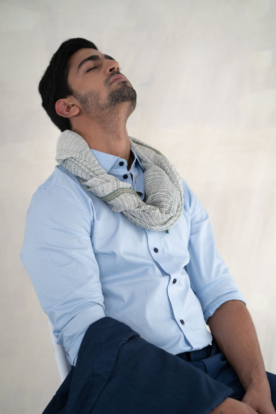 Striped Linen Stole with Block Print Borders | Enfys Handwoven Linen Stole - Gray & White
