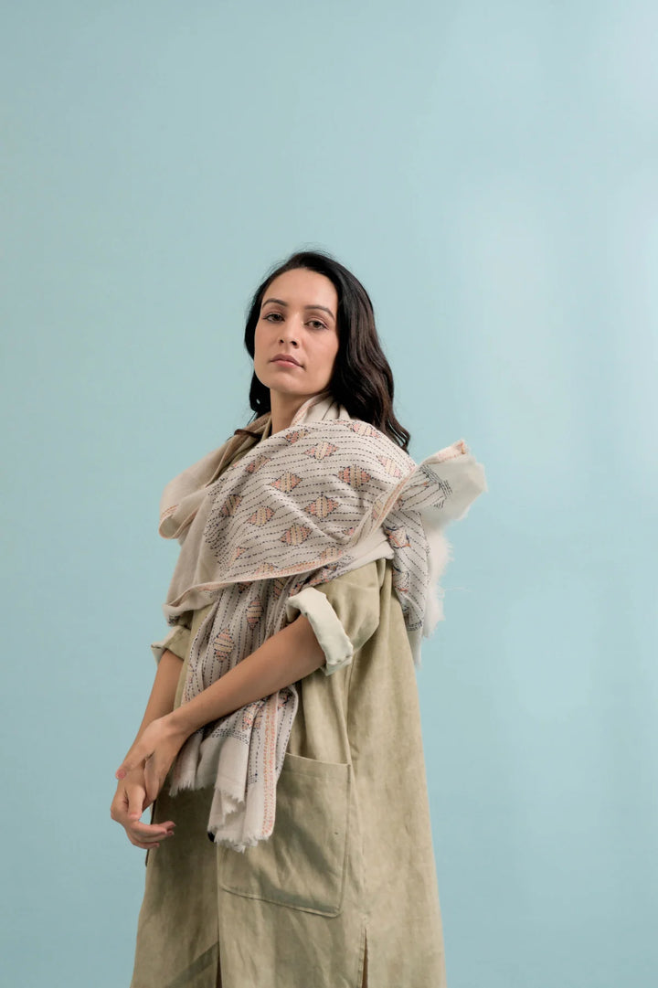 White Cashmere Stole with Hand Embroidery - Timeless and Versatile | Zaara Handwoven Soft Cashmere Stole - White