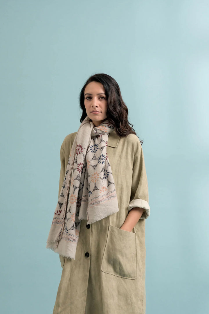 Floral Embroidered Cashmere Stole | Yudelle Handwoven Soft Cashmere Stole - Multi Color