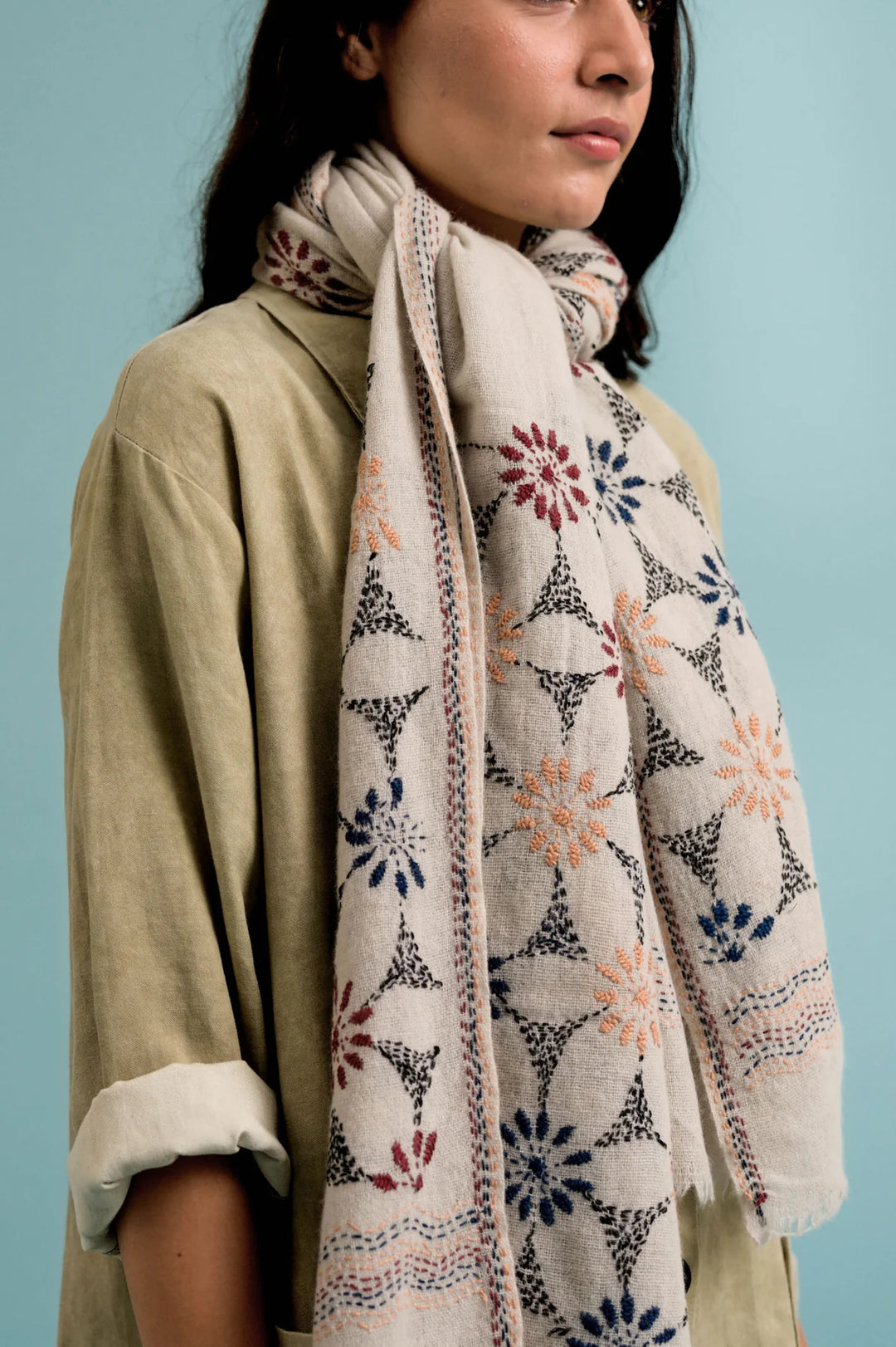 Floral Embroidered Cashmere Stole | Yudelle Handwoven Soft Cashmere Stole - Multi Color