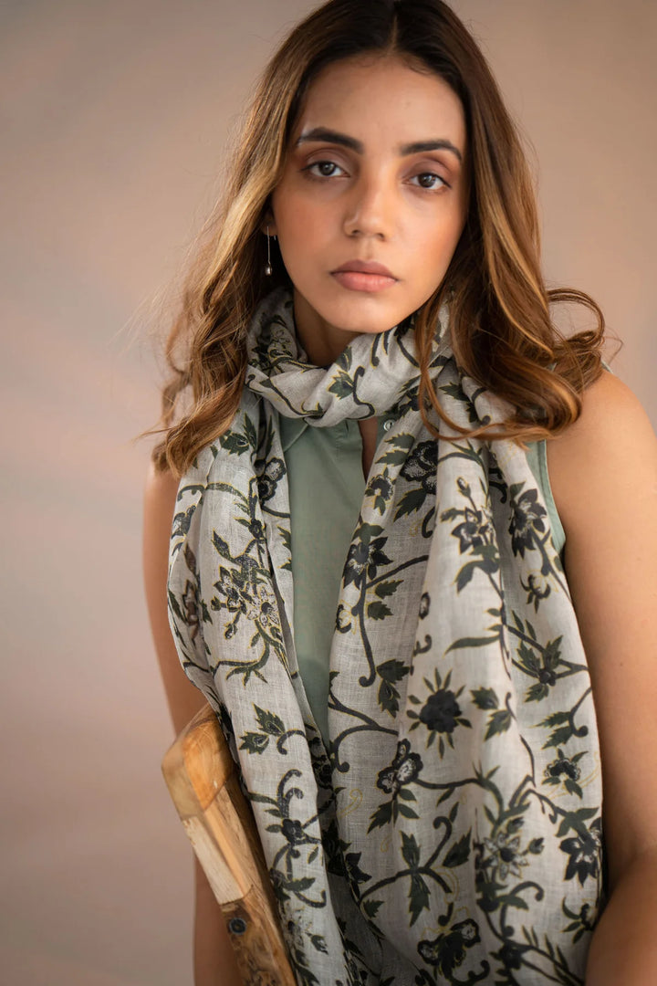 Off-White & Green Floral Print Stole | Scintilla Handwoven Linen Stole - Off-White & Green
