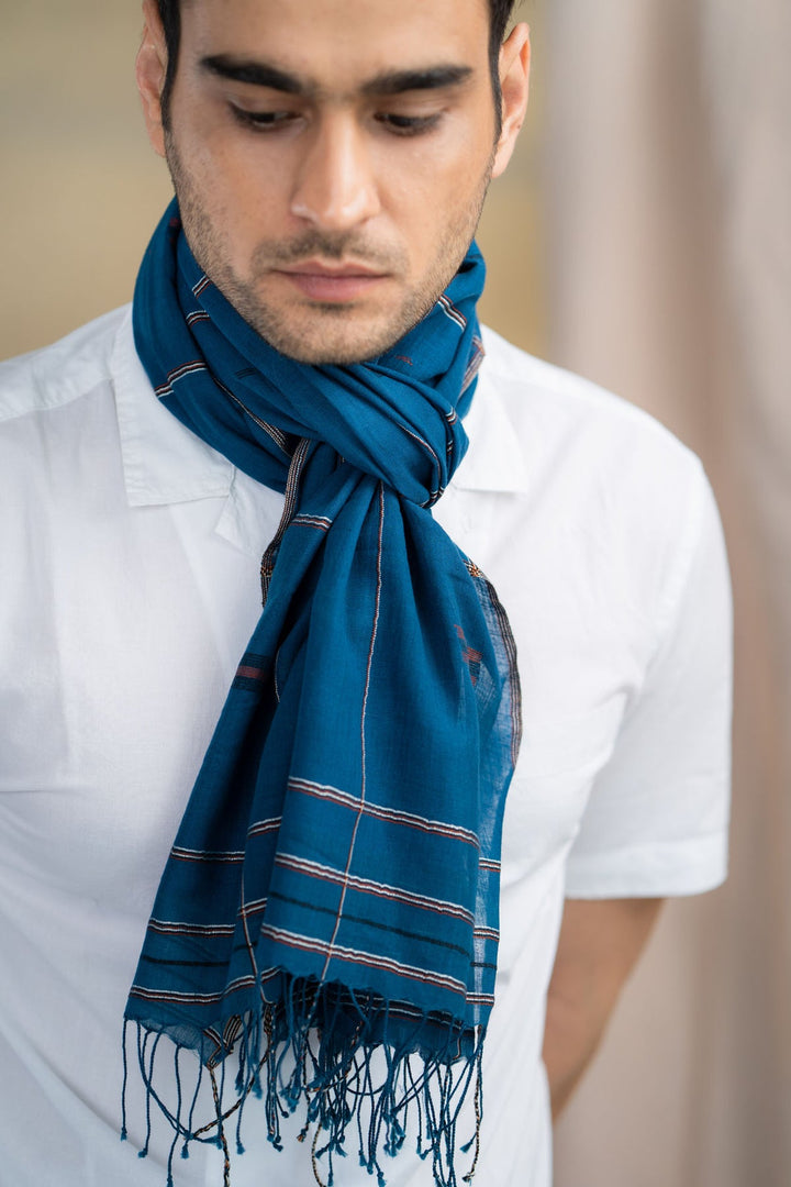 Blue Cotton Stole with Jamdani Design | Compeer Hand-Woven Cotton Stole - Blue