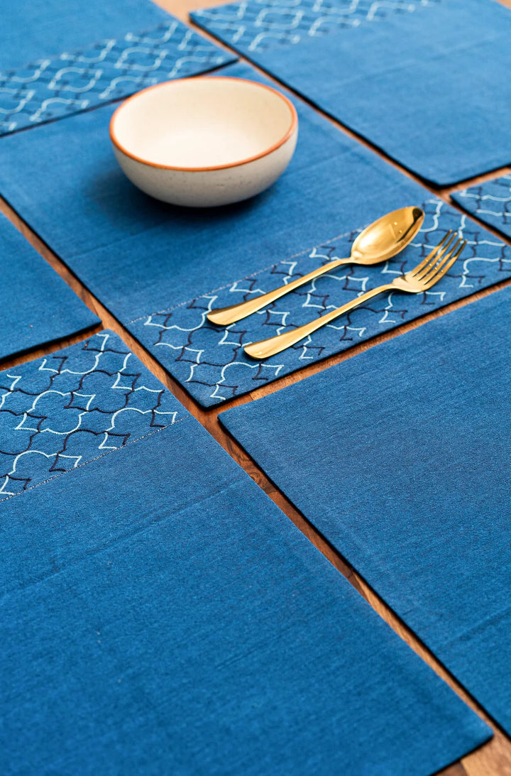 Blue Cotton Table Mats Set | Aoi Yugure Handwoven Table Mat set of 8 Pcs - Blue