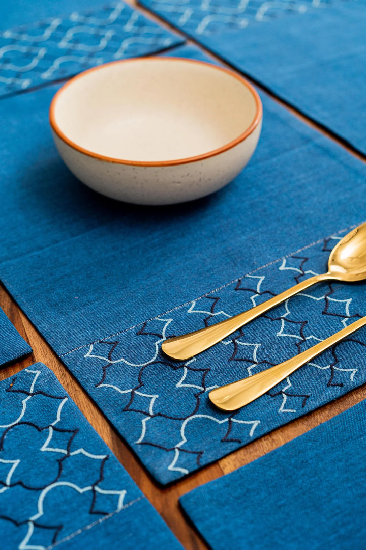 Blue Cotton Table Mats Set | Aoi Yugure Handwoven Table Mat set of 8 Pcs - Blue