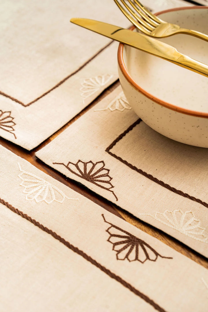 Beige Japanese Inspired Embroidered Table Mats Set of 6 | Mirazumu Handwoven Table Mats Set Of 6 Pcs - Beige