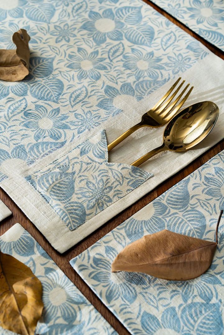 White and Sky Blue Floral Design Table Mats Set - 6 Mats | Embolsado Handwoven Table Mats Set Of 6 Pcs - White & Sky Blue