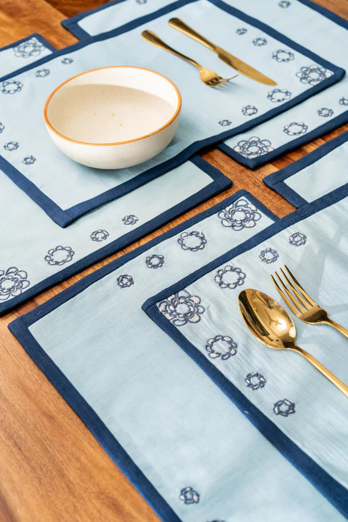 Blue Floral Table Mats Set - 6 Pack | Kansei Handwoven Table Mats Set Of 6 Pcs - Blue