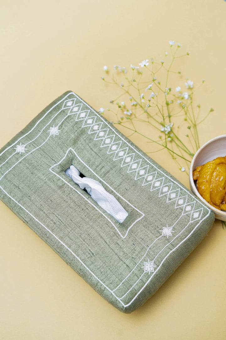 Green Handwoven Embroidered Tissue Box | Peristyle Handmade Tissue Box - Clay Green