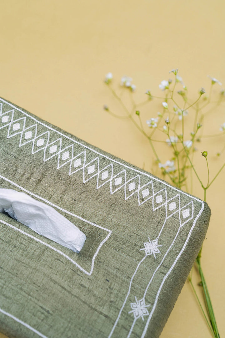 Green Handwoven Embroidered Tissue Box | Peristyle Handmade Tissue Box - Clay Green