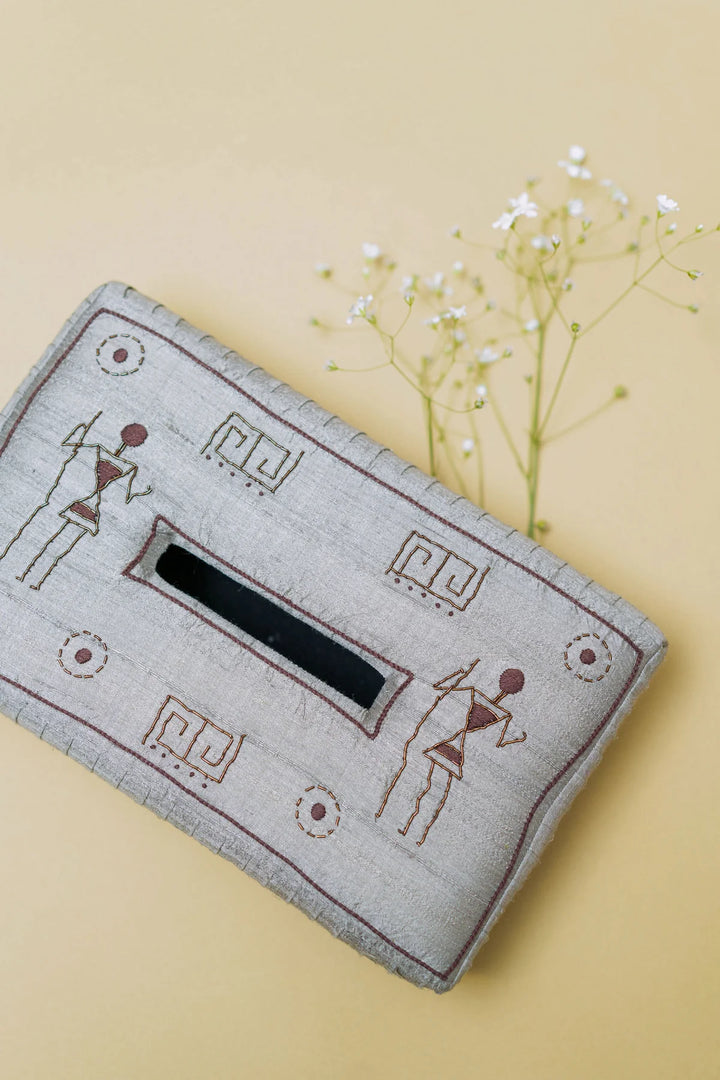 Gray Silk Tissue Box with Embroidered Artwork | Afthentikota Handmade Tissue Box - Gray