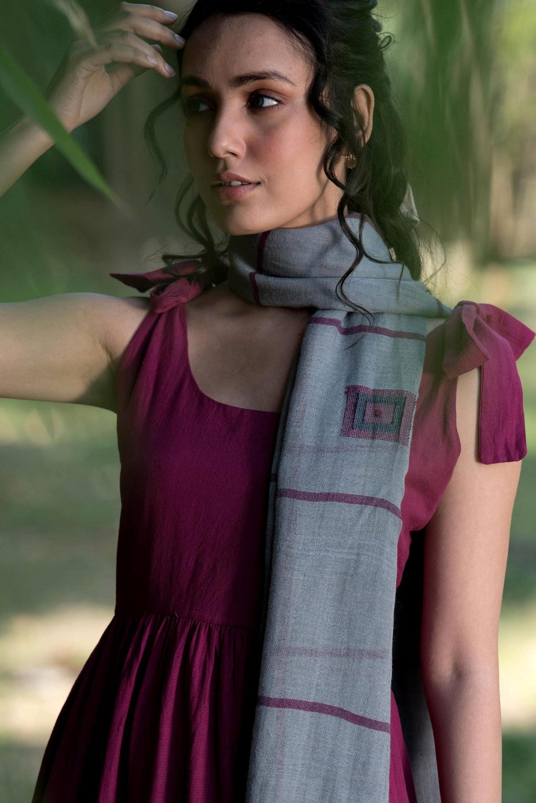 Maroon Cotton Dress with Tie-up Shoulder | Asami Cotton Dress - Maroon