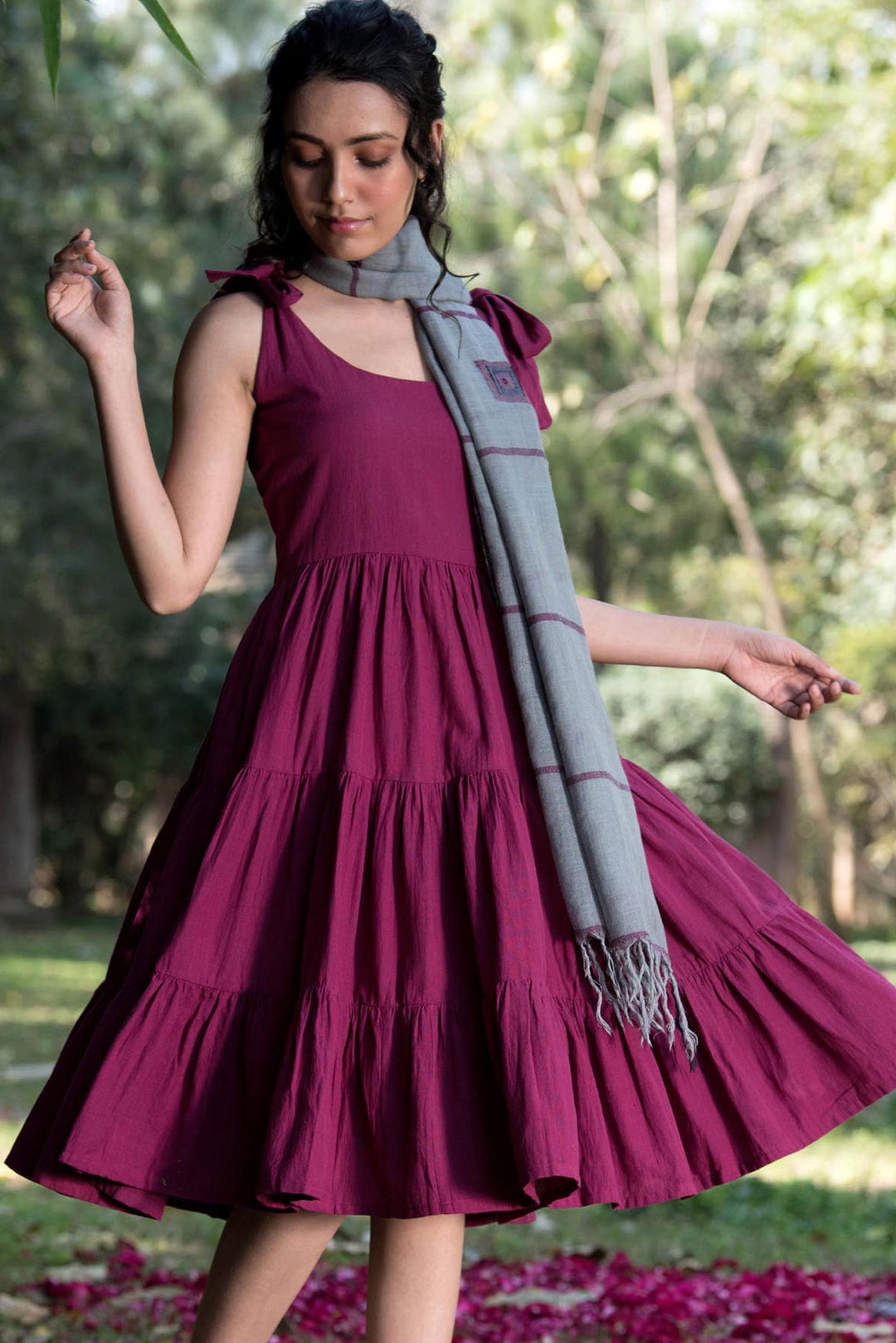 Maroon Cotton Dress with Tie-up Shoulder | Asami Cotton Dress - Maroon