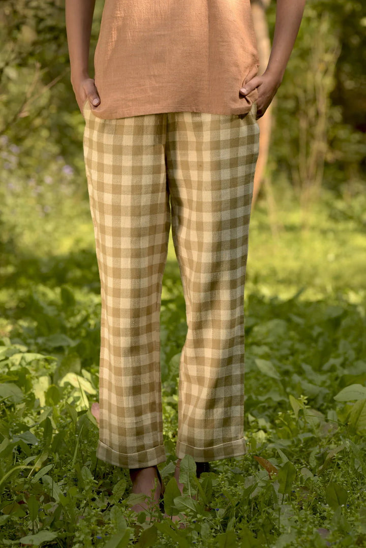 Aztec Print Cotton Summer Trousers | Eika Handwoven Trousers - Olive & Cream