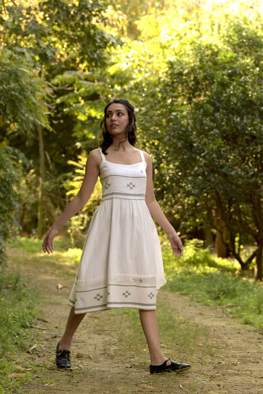 Handwoven Cotton Aztec Summer Dress | Nia Handwoven Cotton Dress - White