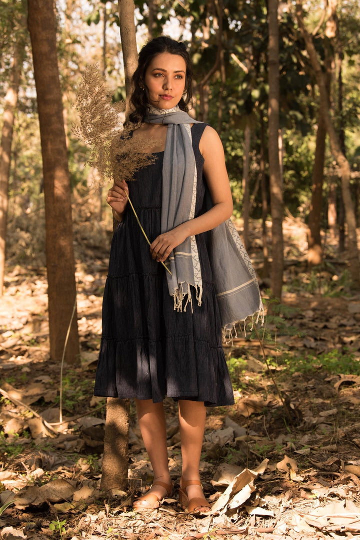 Dark Blue Striped Sleeveless Dress with Matching Stole | Handwoven Strip Dress - Dark Blue