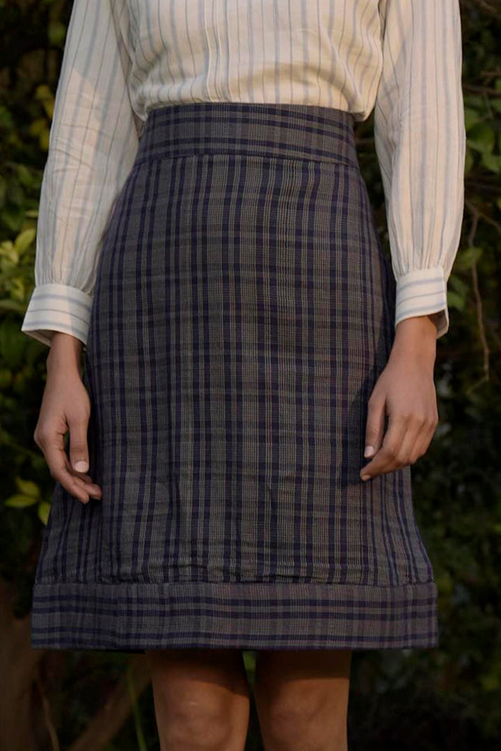 Handwoven Cotton Skirt with Belt - Blue/Gray | Gine Handwoven Skirt - Blue & Gray