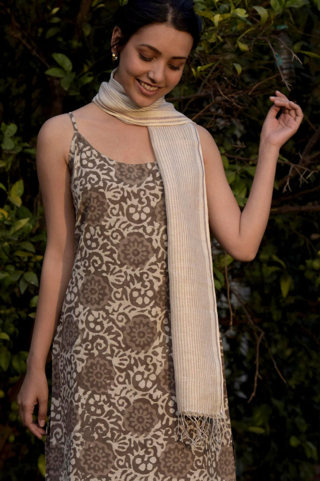 Floral Printed Sleeveless Dress with Stole | Floral Hand Printed Dress - Brown