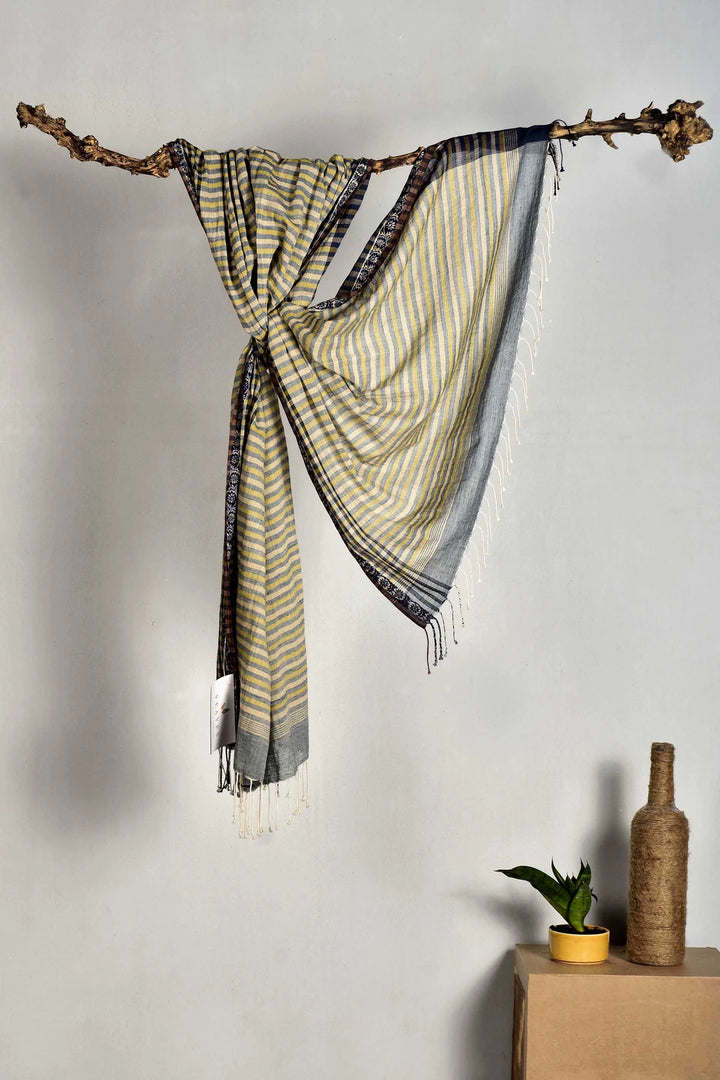 Yellow Handwoven Cotton Stole with Beige Stripes and Tassels | Aito Handwoven Cotton stole - Yellow