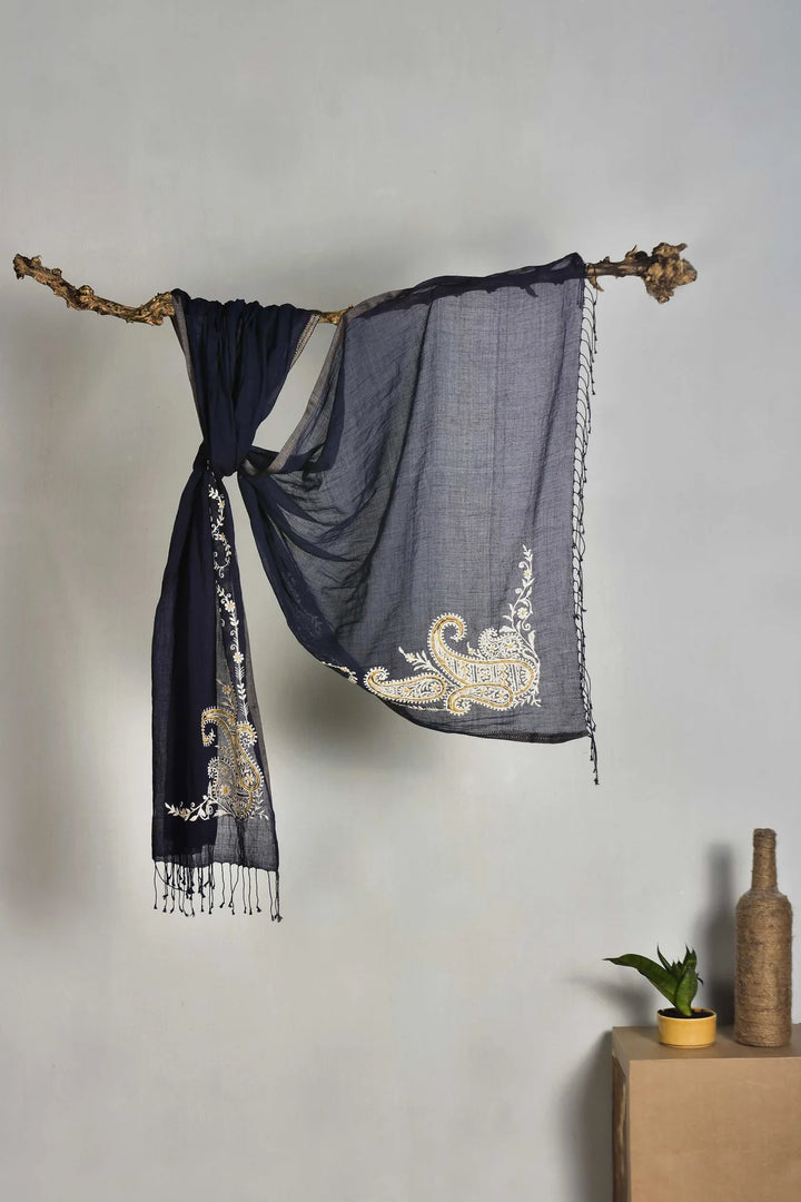Lustrous Blue Cotton Stole with Artisanal Embroidery | Spozs Handwoven Cotton Stole - Deep Blue