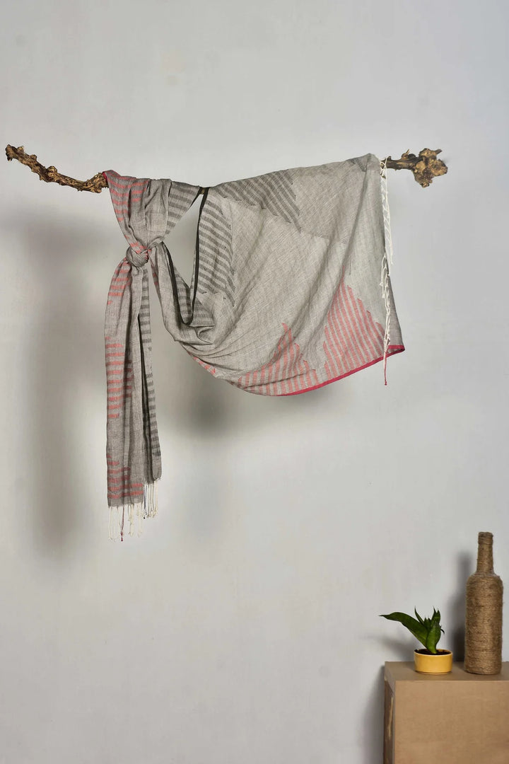 Handwoven Cotton Stole in Gray, Red & Black | Cyfoes Handwoven Cotton Stole - Gray Red & Black