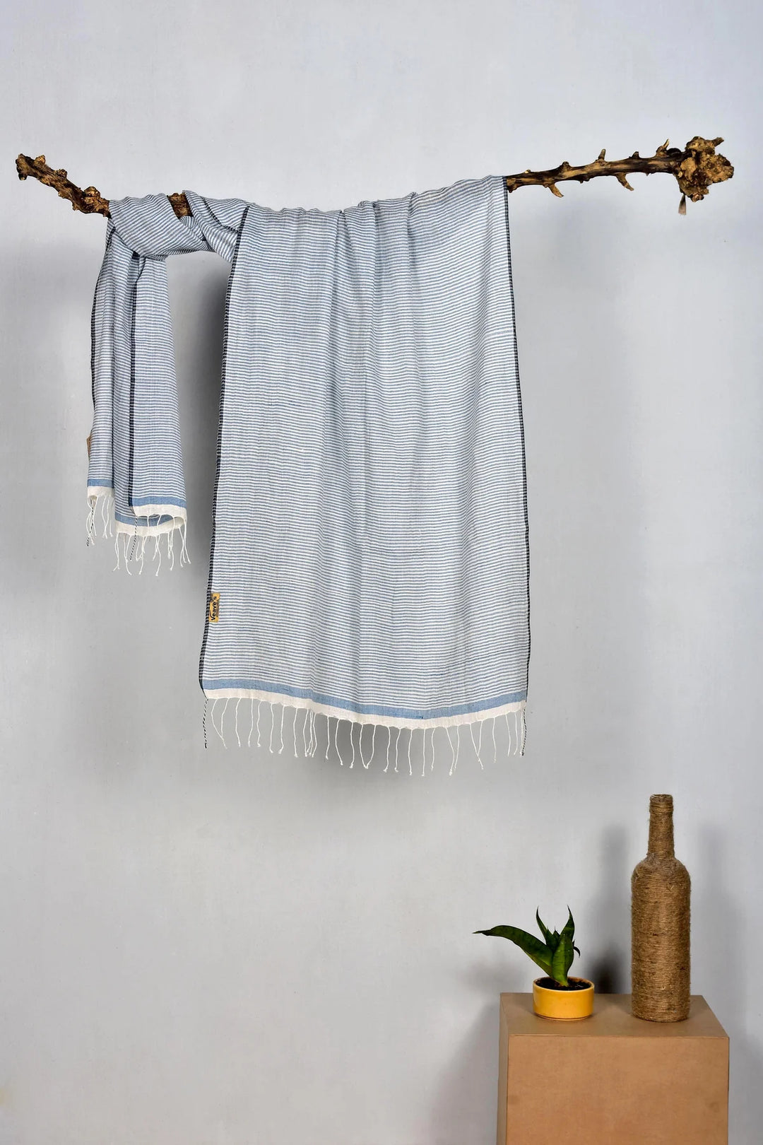 Handwoven Cotton Stole - White & Blue - Stripe Pattern | Brus Handwoven Cotton Stole - White & Blue