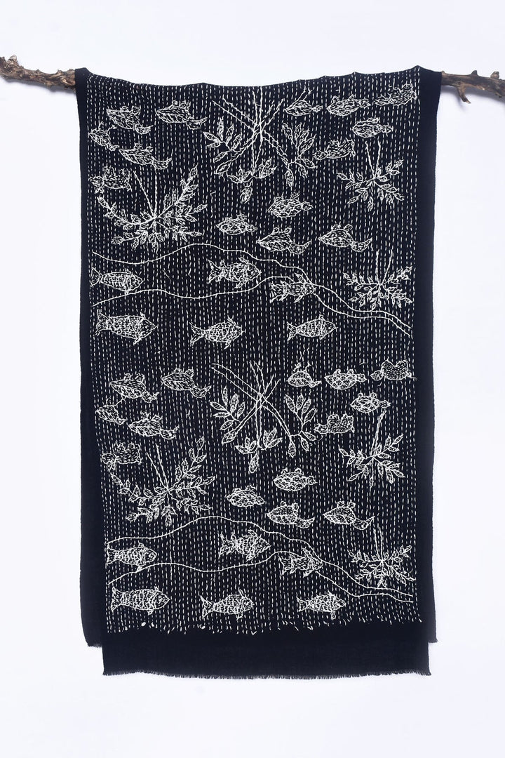 Animal Embroidered Cashmere Stole - Winter Accessory | Kara Soft Cashmere Stole - Black