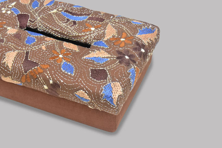 Floral Design Handwoven Tissue Box | Aiyana - Hand Woven Tissue Box - Brown