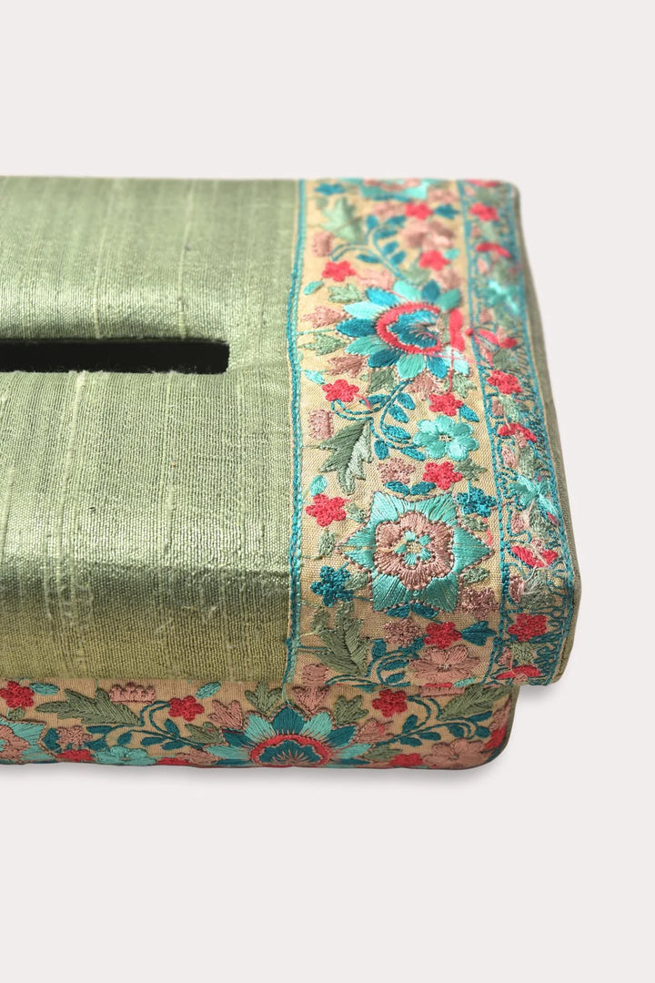 Embroidered Green Silk Tissue Box | Floreo Handmade Tissue Box - Sage Green