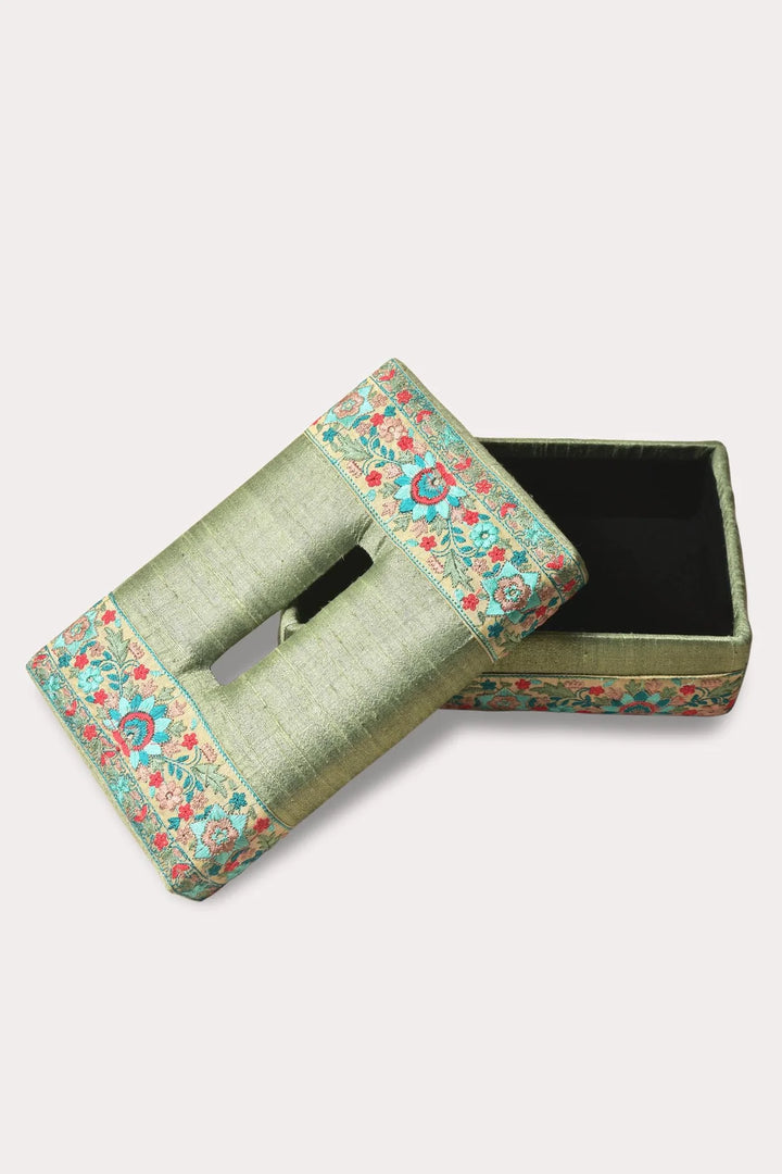 Embroidered Green Silk Tissue Box | Floreo Handmade Tissue Box - Sage Green