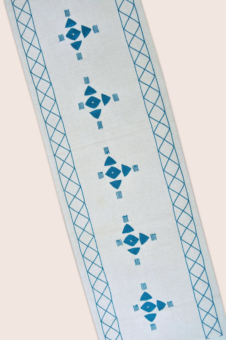 Blue Embroidered Khadi Cotton Table Runner | Swish Handwoven Table Runner - Off White & Blue