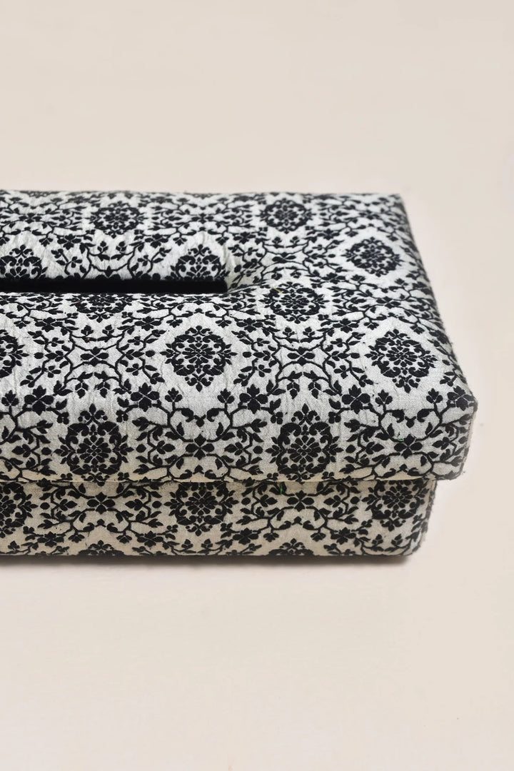 Silk and Cotton Tissue Box Cover | Oculus Handmade Tissue Box - White & Black