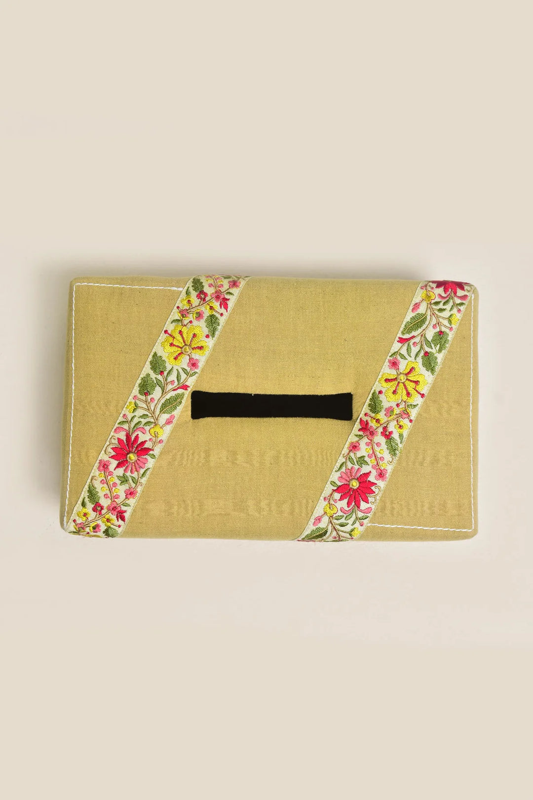 Yellow Floral Embroidered Tissue Box | Ignis Handmade Tissue Box - Yellow