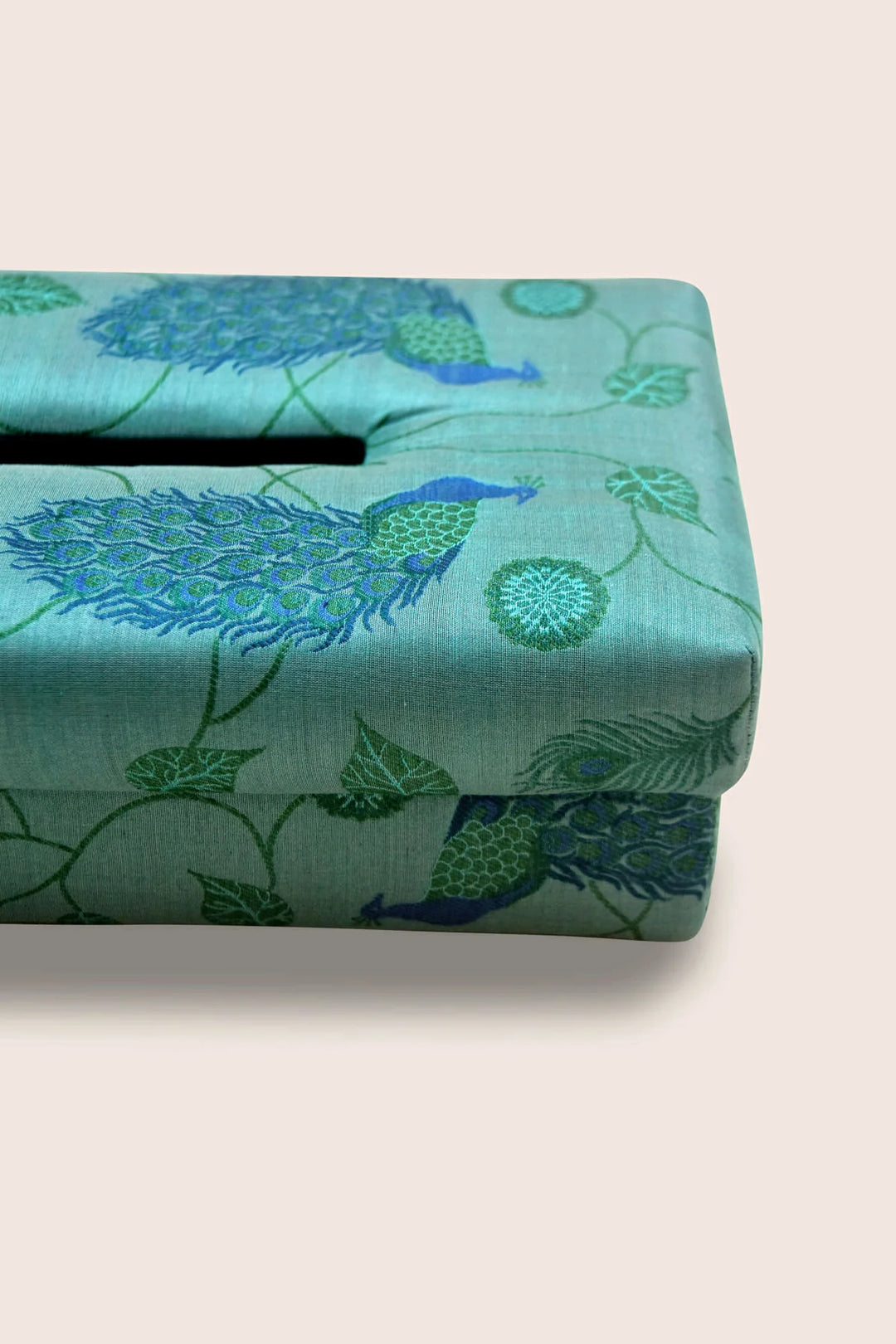 Peacock Illustration Silk Tissue Box | Imber Handmade Tissue Box - Blue