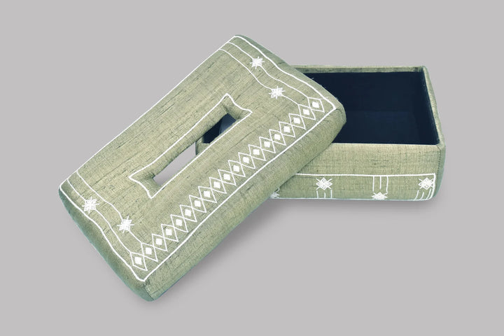 Green Handwoven Embroidered Tissue Box | Peristyle Handmade Tissue Box - Clay Green