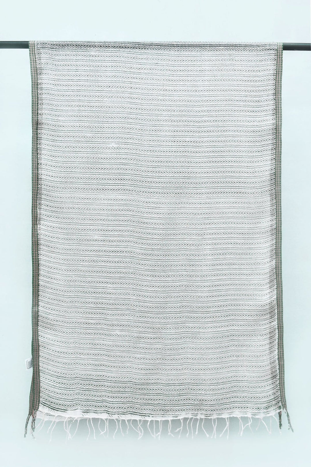 Striped Linen Stole with Block Print Borders | Enfys Handwoven Linen Stole - Gray & White