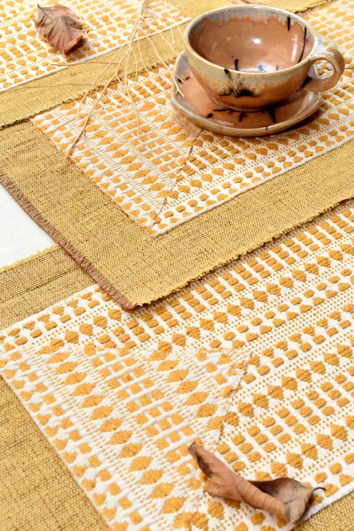 Handwoven Table Mats Set Of 6 Pcs - White & Yellow | Ozel Handwoven Table Mats Set Of 6 Pcs - White & Yellow