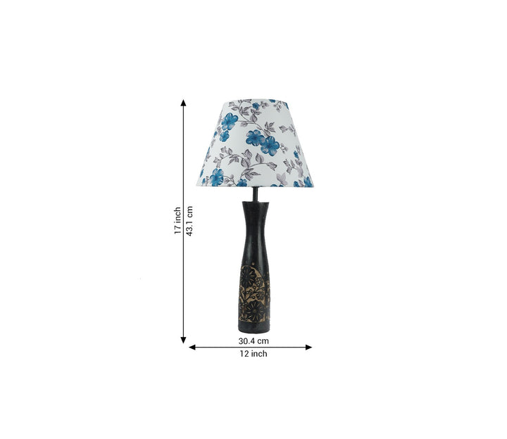 Blue Floral Impressed Wood Table Lamp with Shade