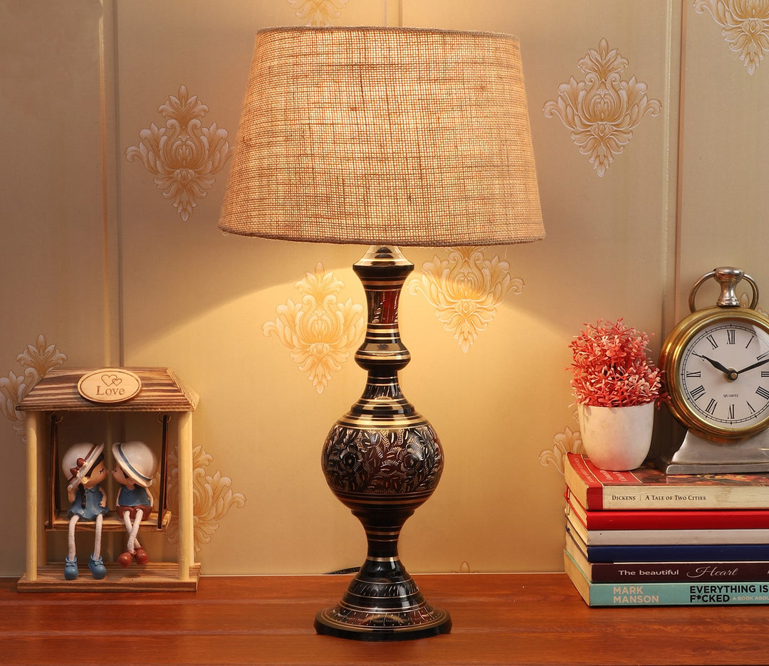 Brown Fabric and Gold Metal Table Lamp