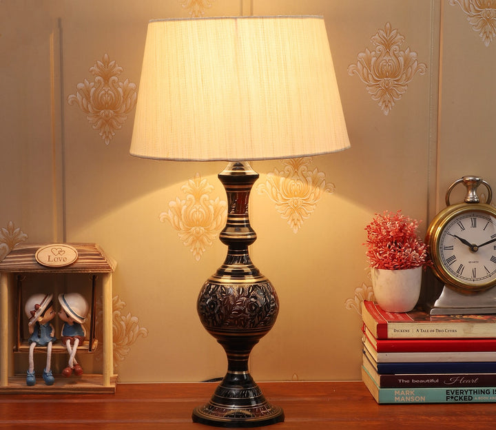 Beige Fabric and Gold Metal Table Lamp