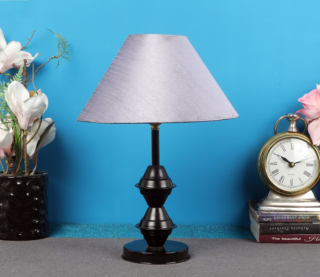 Gray Fabric and Black Metal Table Lamp