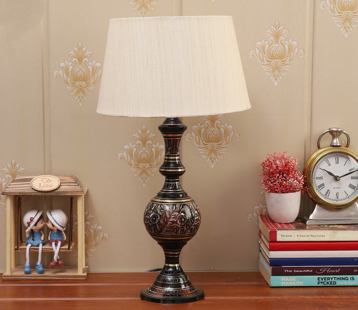 Beige Fabric and Gold Metal Table Lamp