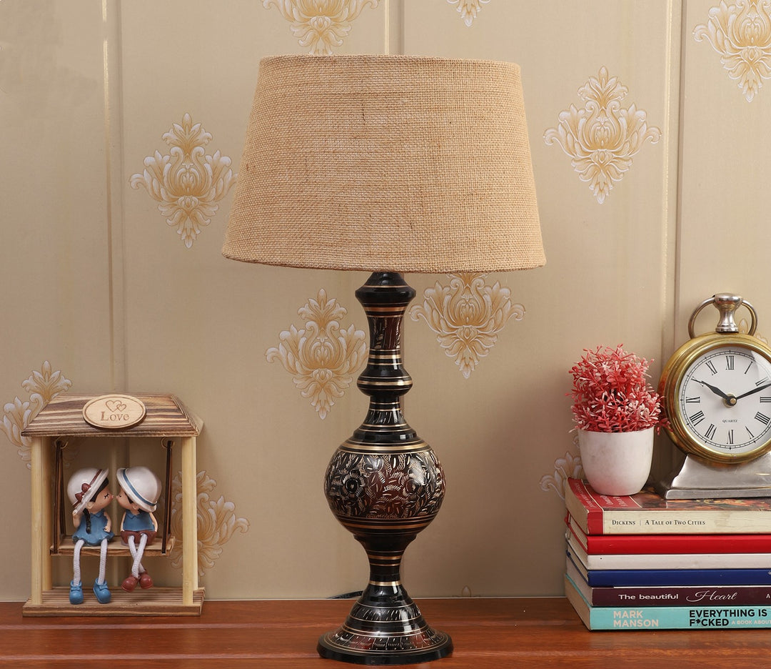 Brown Fabric and Gold Metal Table Lamp