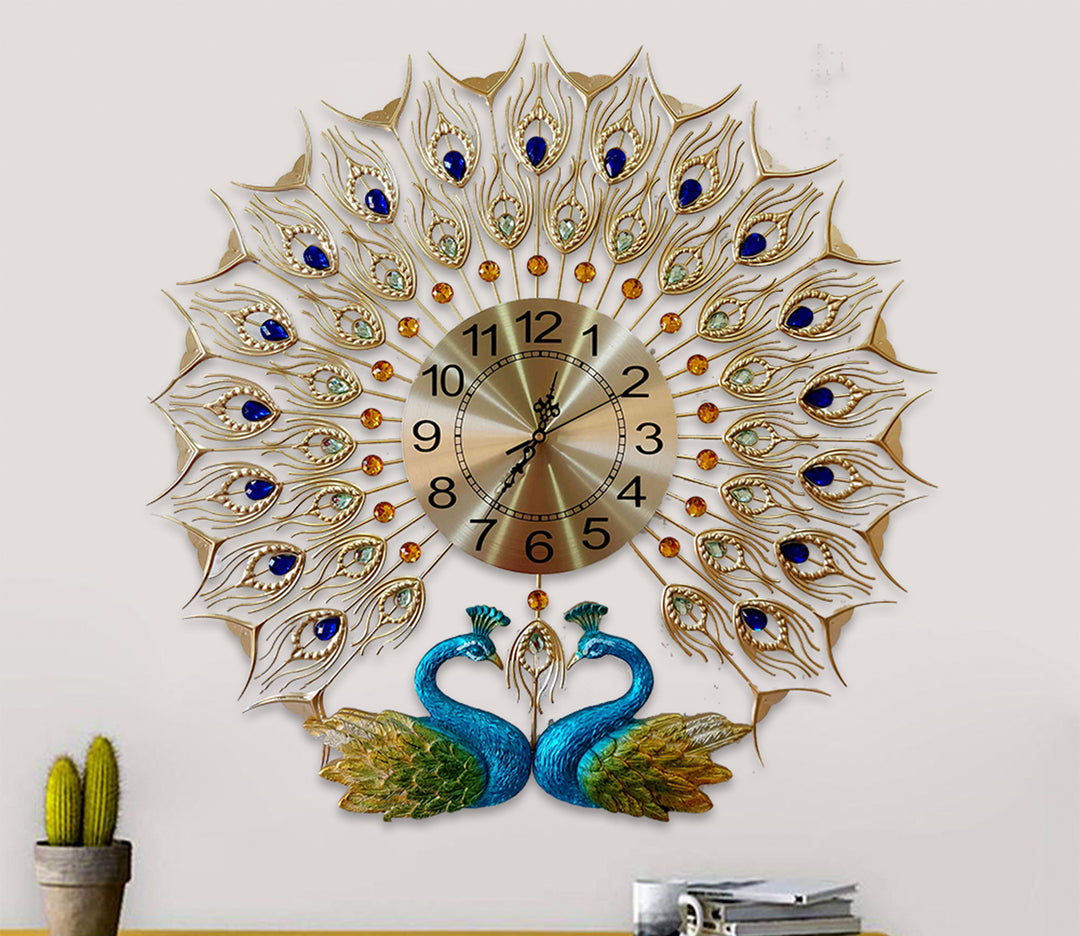 Dual Peacock Feather Metal Wall Clock