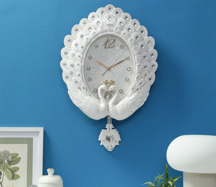 Pearl White Peacock Pendulum Wall Clock